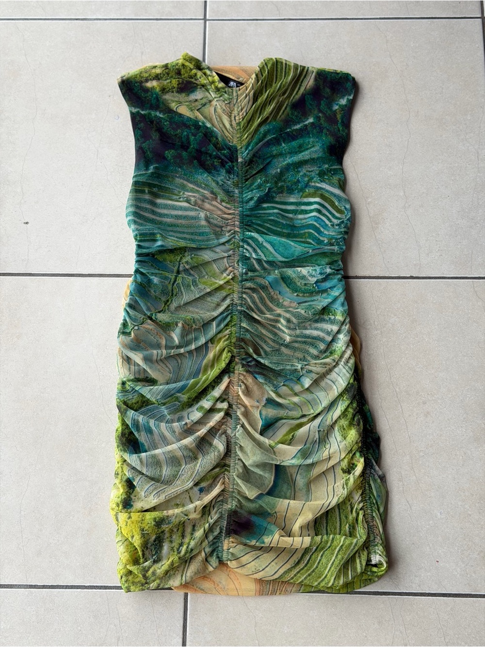 Zara Green Multi-Print Ruched Mini Dress